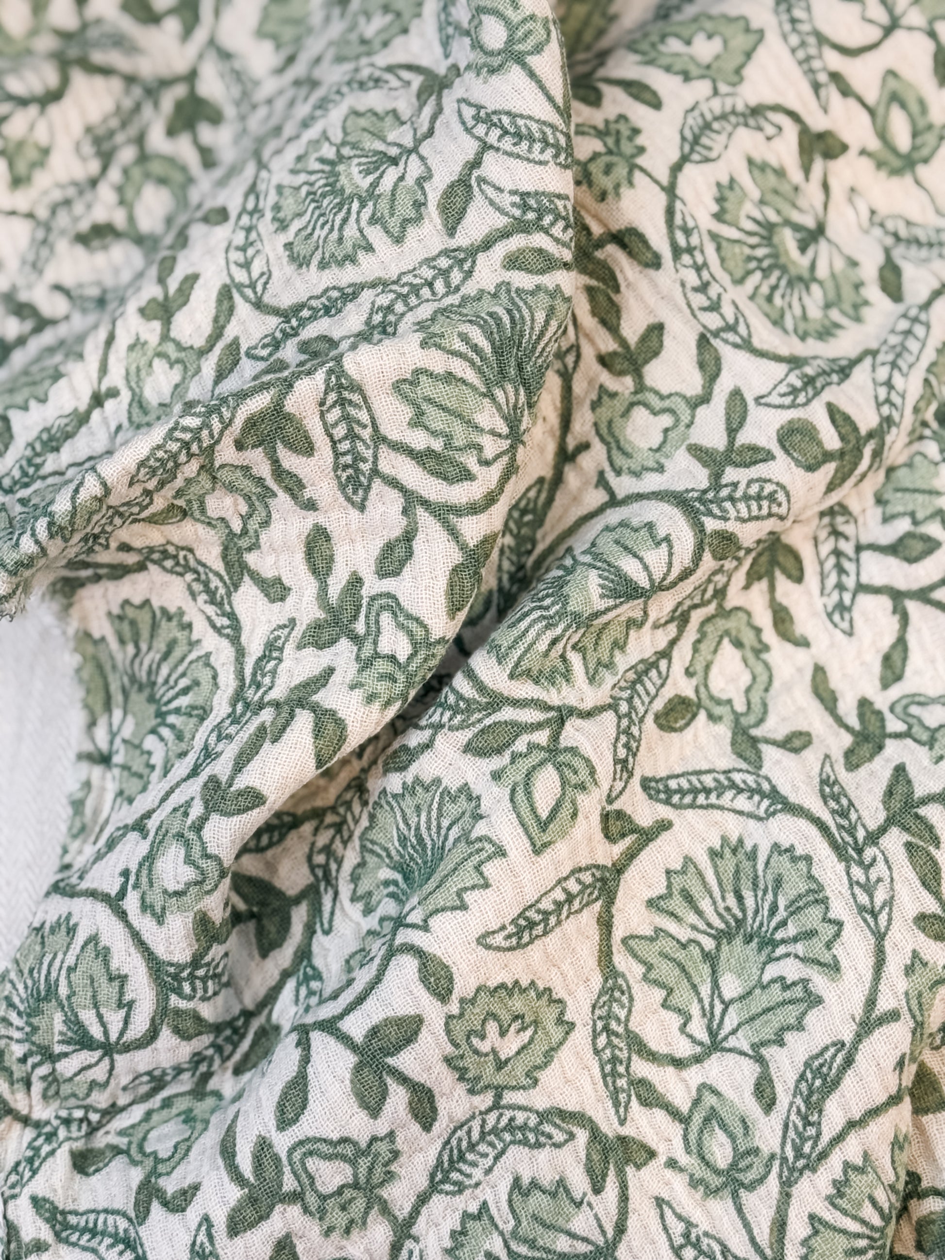 Sage Green Floral Stonewashed 100% Cotton Throw Blanket at the Rustic Barn in Killingworth, CT