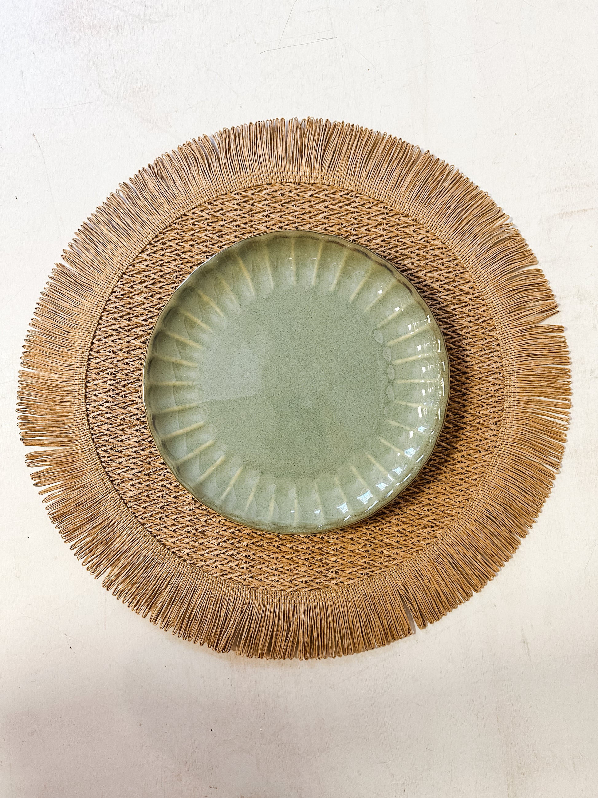 sage green stoneware fluted plate at the Rustic Barn in Killingworth CT
