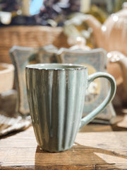 sage green stoneware ribbed mug at the Rustic Barn in Killingworth CT