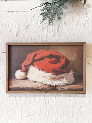 santas red hat wall decor in wooden frame at The Rustic Barn in Killingworth CT