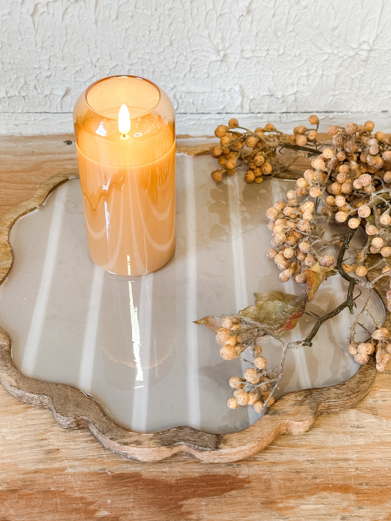 scalloped striped mango wood serving platter at the rustic barn in killingworth ct