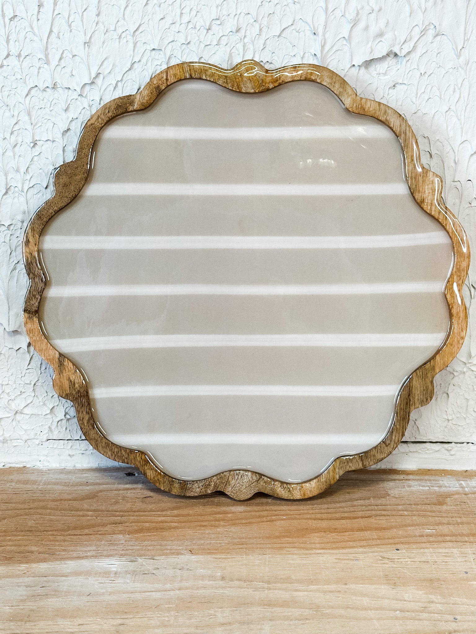 scalloped striped mango wood serving platter at the rustic barn in killingworth ct
