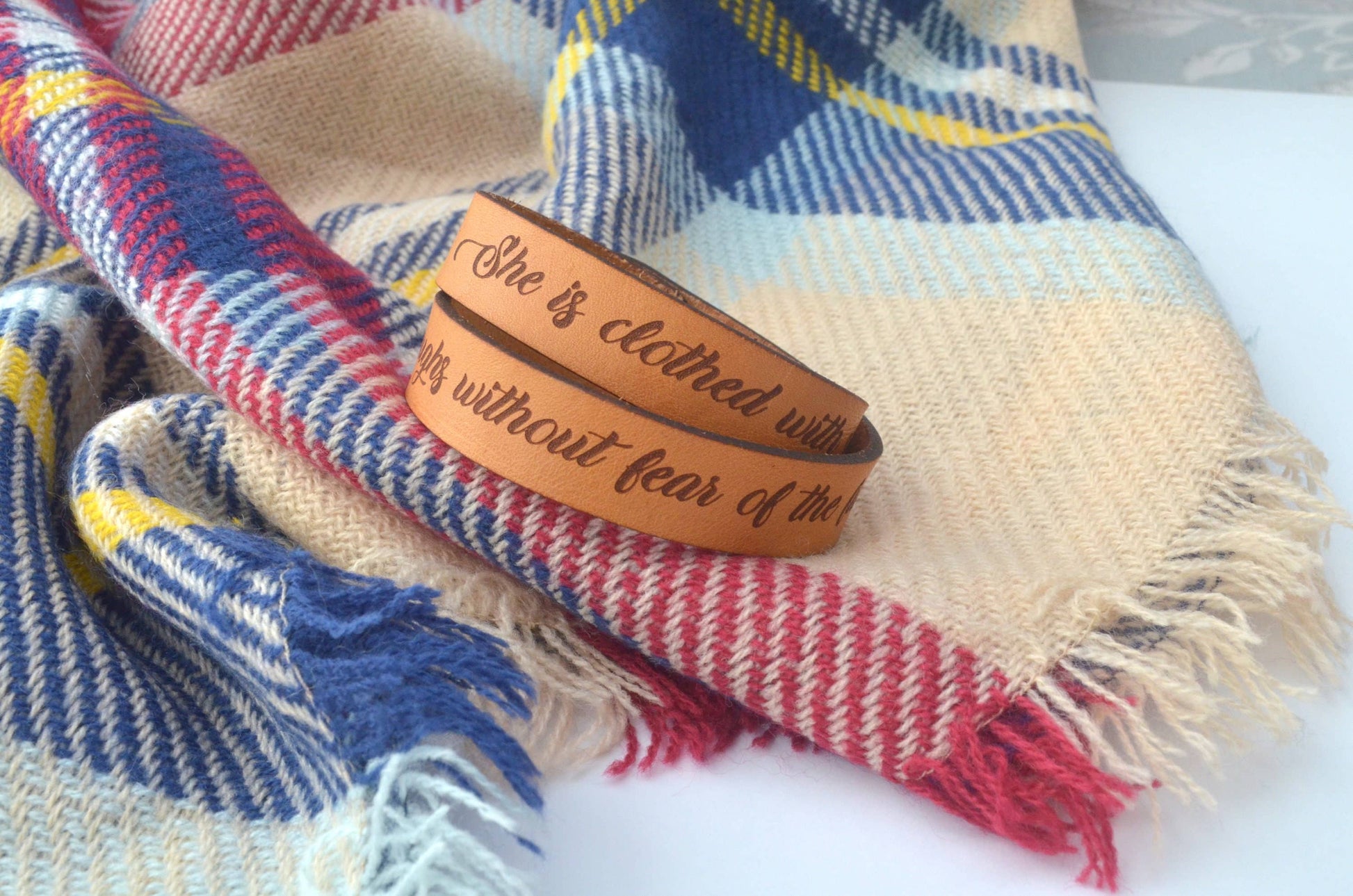 scripture engraved double wrap leather bracelet at the rustic barn in killingworth ct
