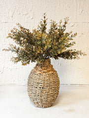 large seagrass woven vase with faux florals at The Rustic Barn in Killingworth CT
