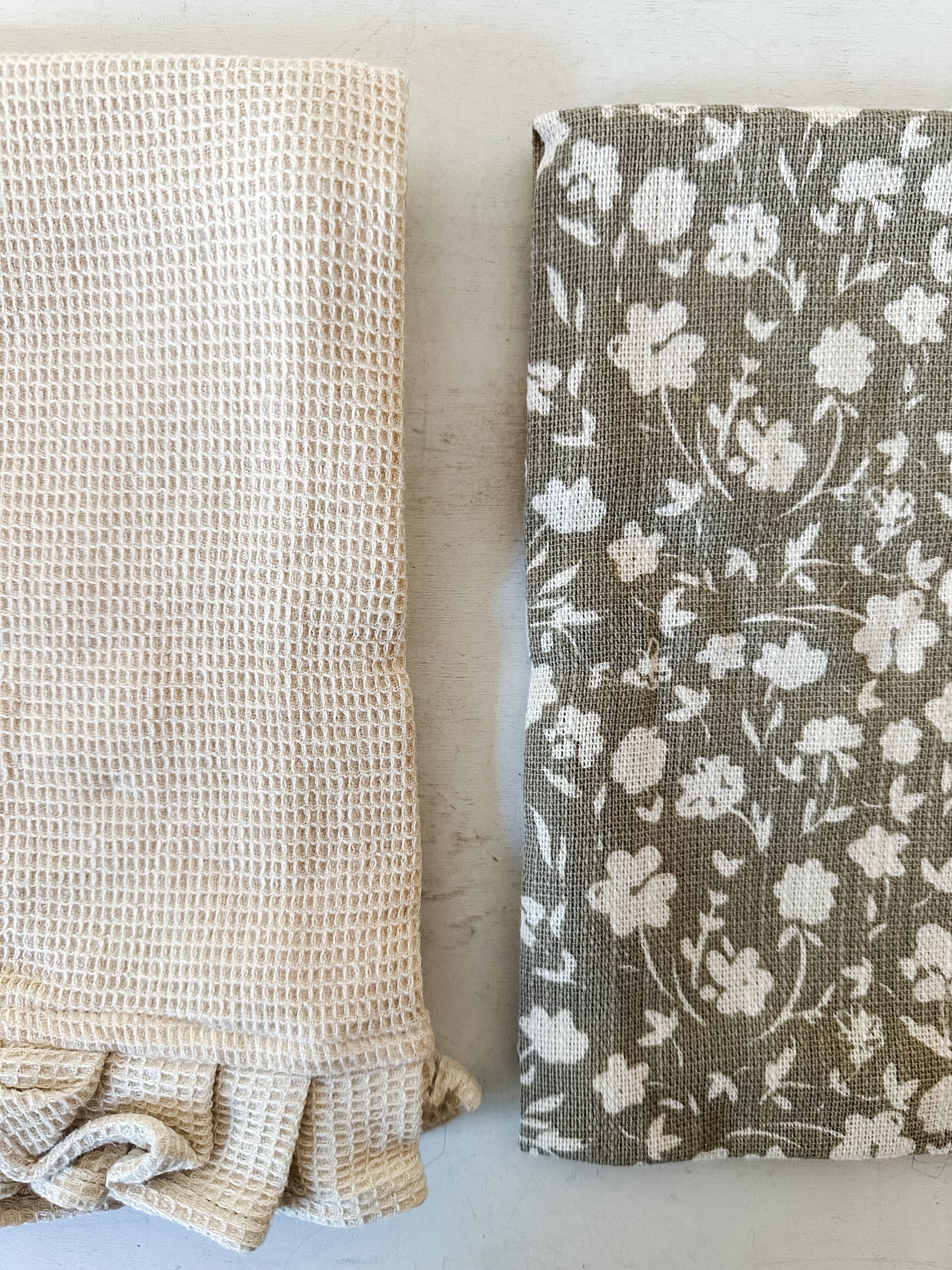 set of 2 cotton slub printed and cotton waffle tea towels taupe color at the Rustic Barn in Killingworth CT