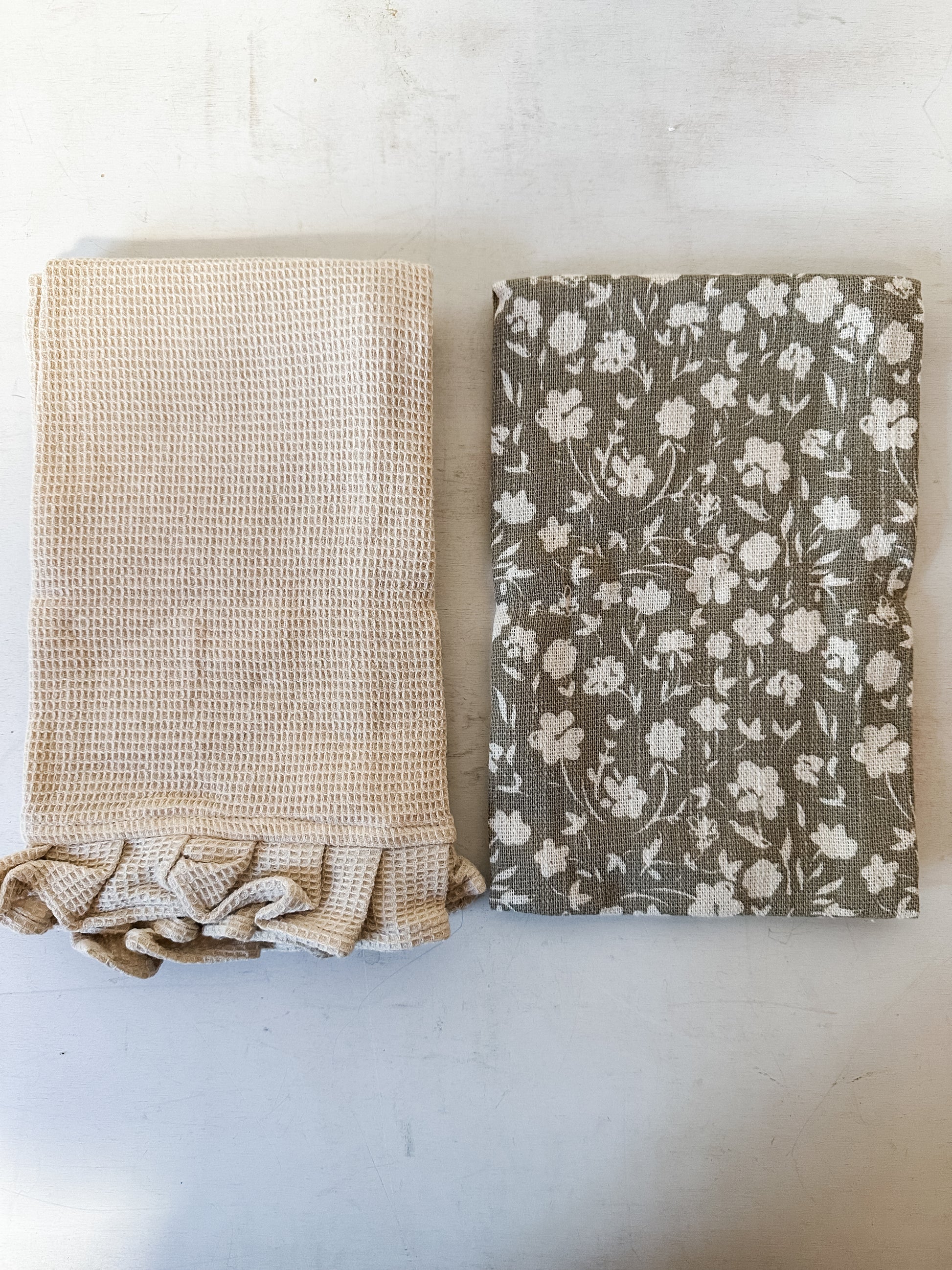 set of 2 cotton slub printed and cotton waffle tea towels taupe color at the Rustic Barn in Killingworth CT