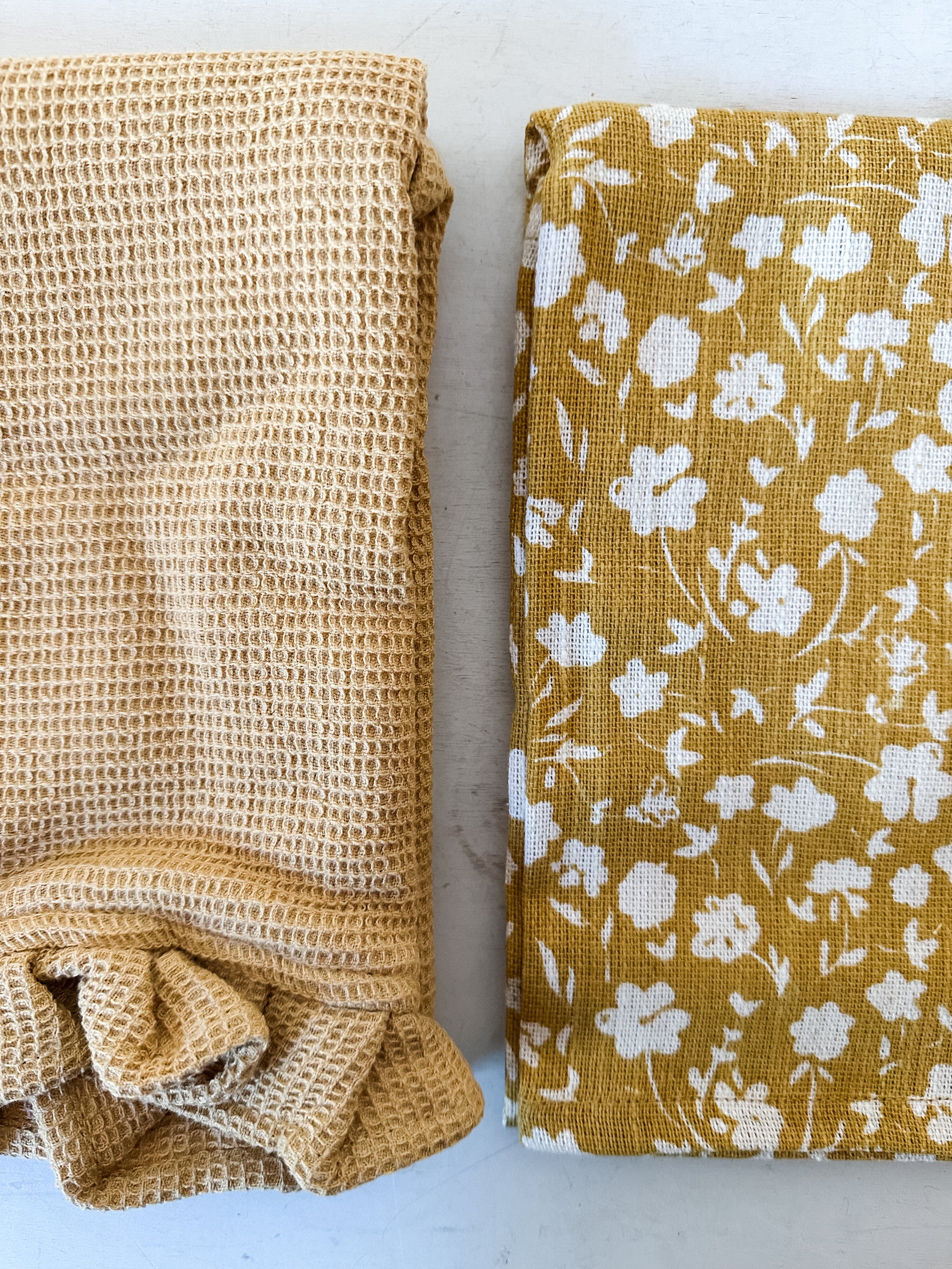 set of 2 cotton slub printed and cotton waffle tea towels yellow color at the Rustic Barn in Killingworth CT