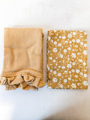 set of 2 cotton slub printed and cotton waffle tea towels yellow color at the Rustic Barn in Killingworth CT