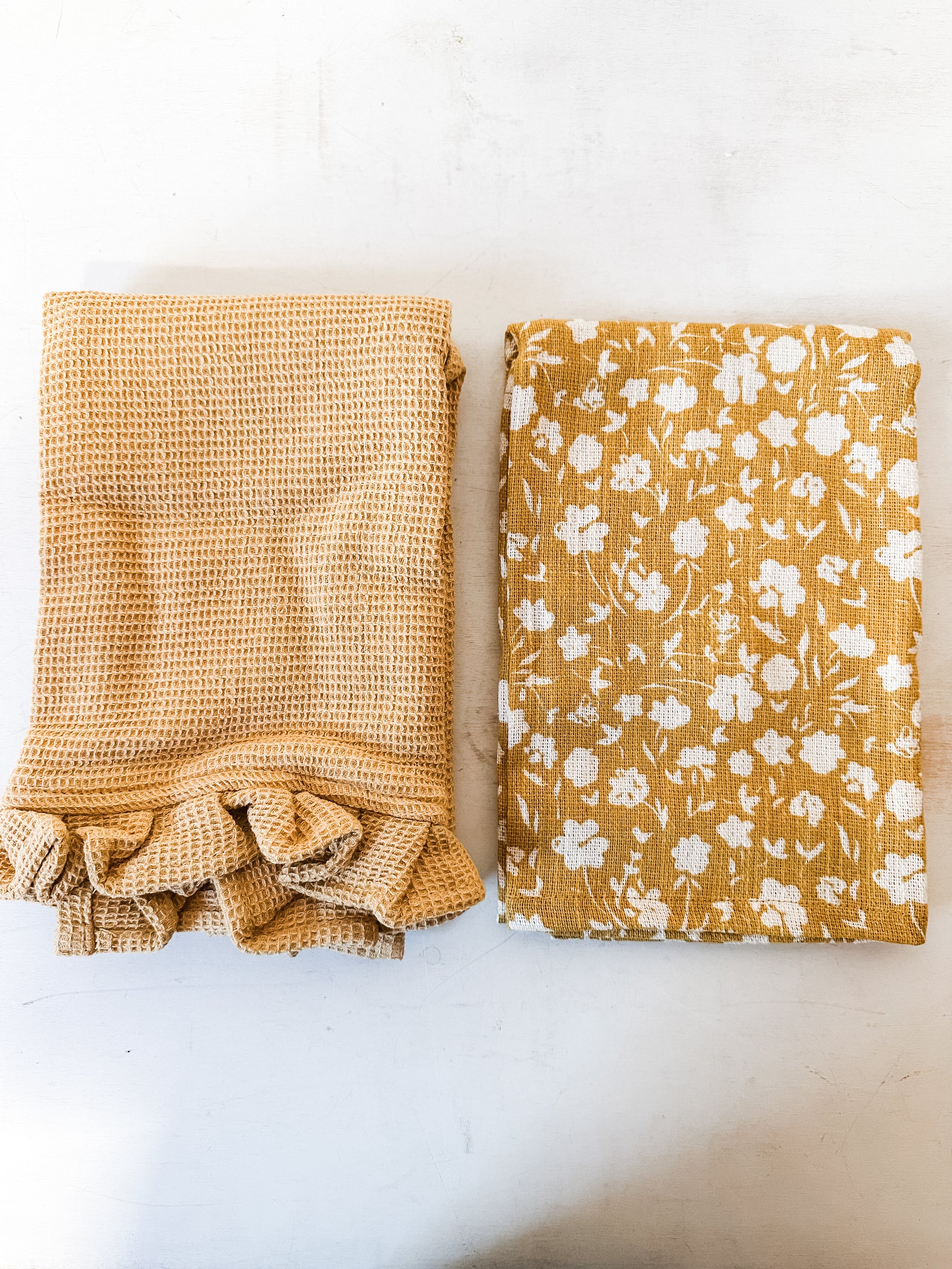 set of 2 cotton slub printed and cotton waffle tea towels yellow color at the Rustic Barn in Killingworth CT