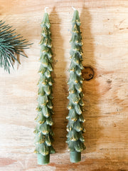 set of 2 gold tip tree shaped taper candles at the rustic barn in killingworth ct
