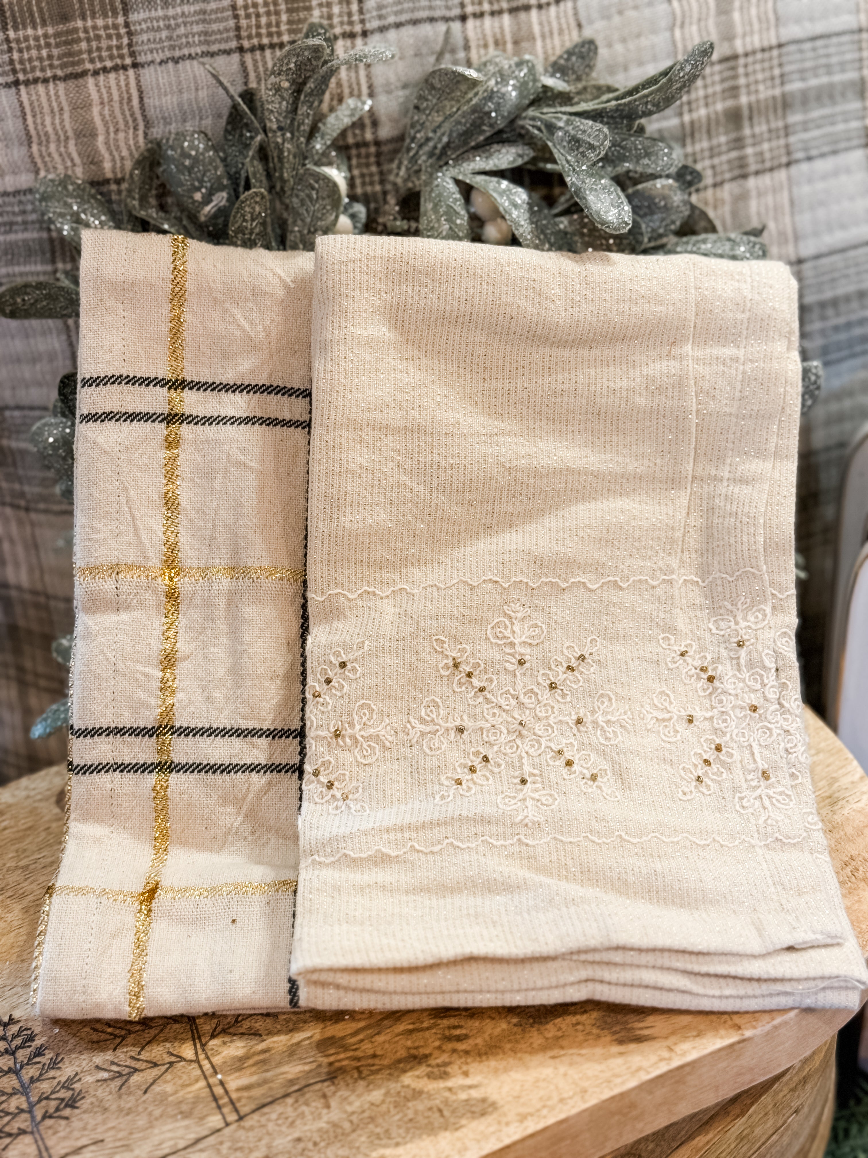 set of 2 woven tea towels with embroidery and beads at The Rustic Barn in Killingworth CT