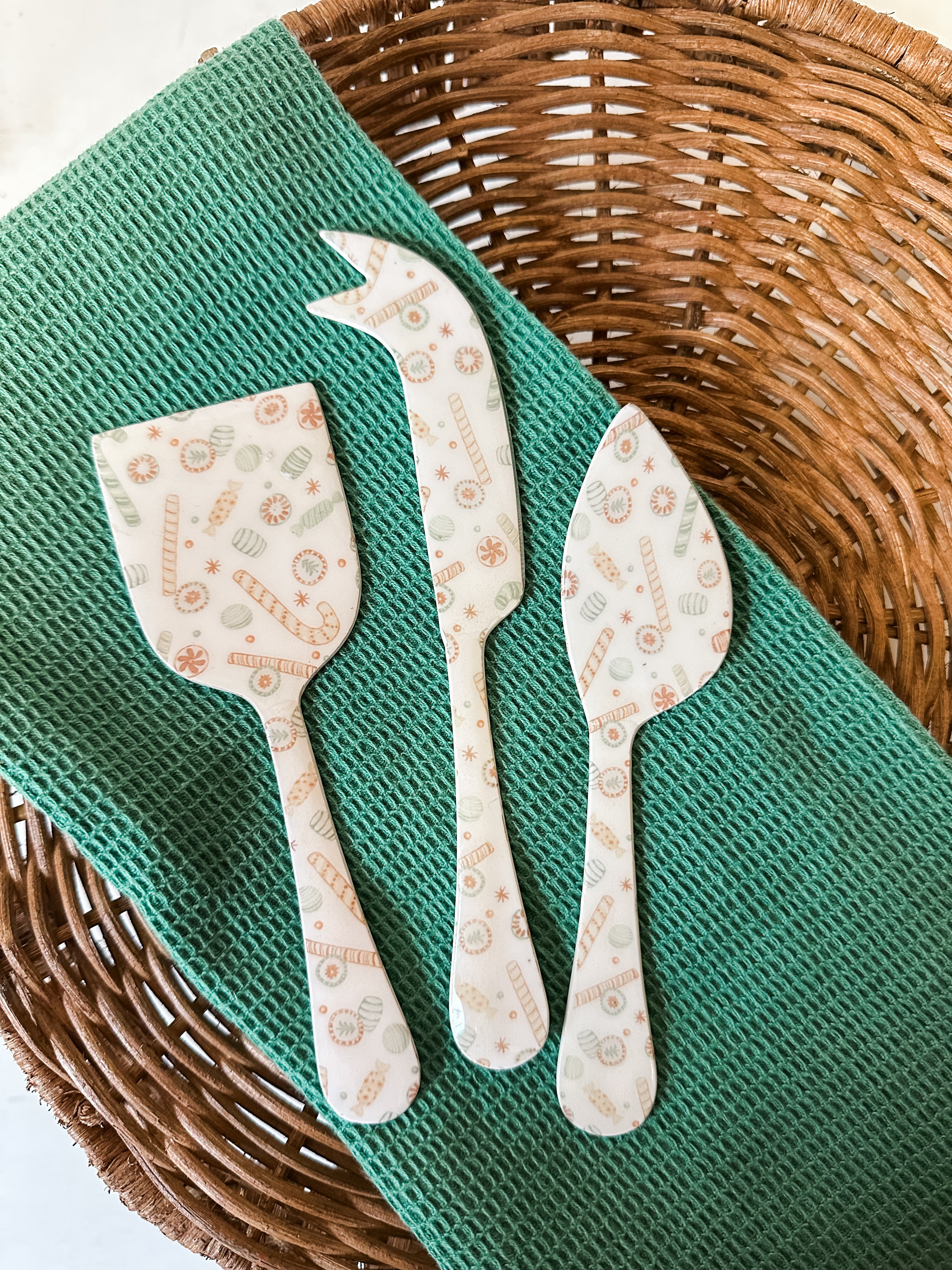 set of 3 enameled stainless steel cheese knives at The Rustic Barn in Killingworth CT