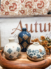 set of ceramic blue floral motif vases at The Rustic Barn in Killingworth CT