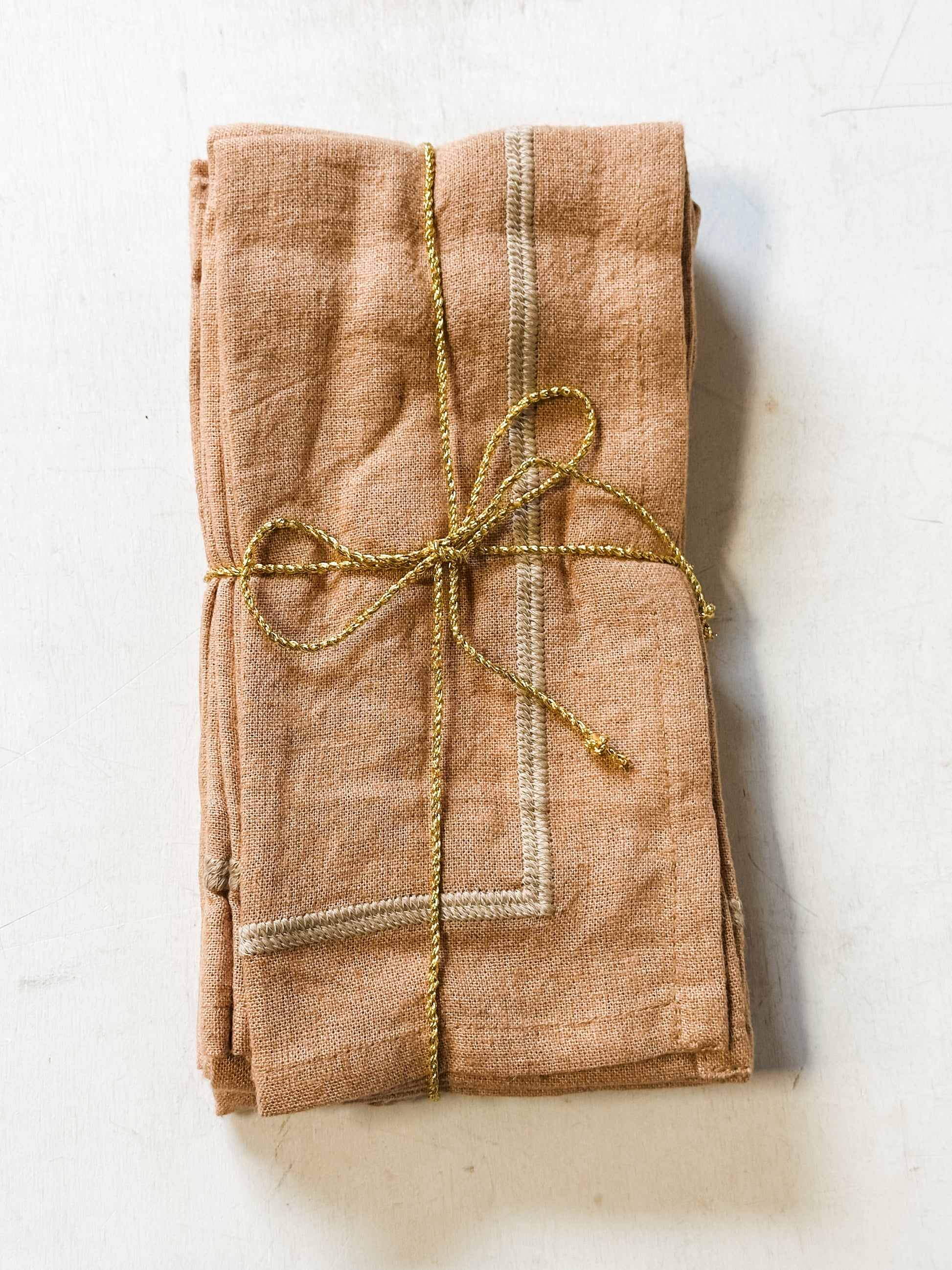 Set of 4 Apricot Embroidered Linen Blend Square Napkins at the Rustic Barn in Killingworth, CT