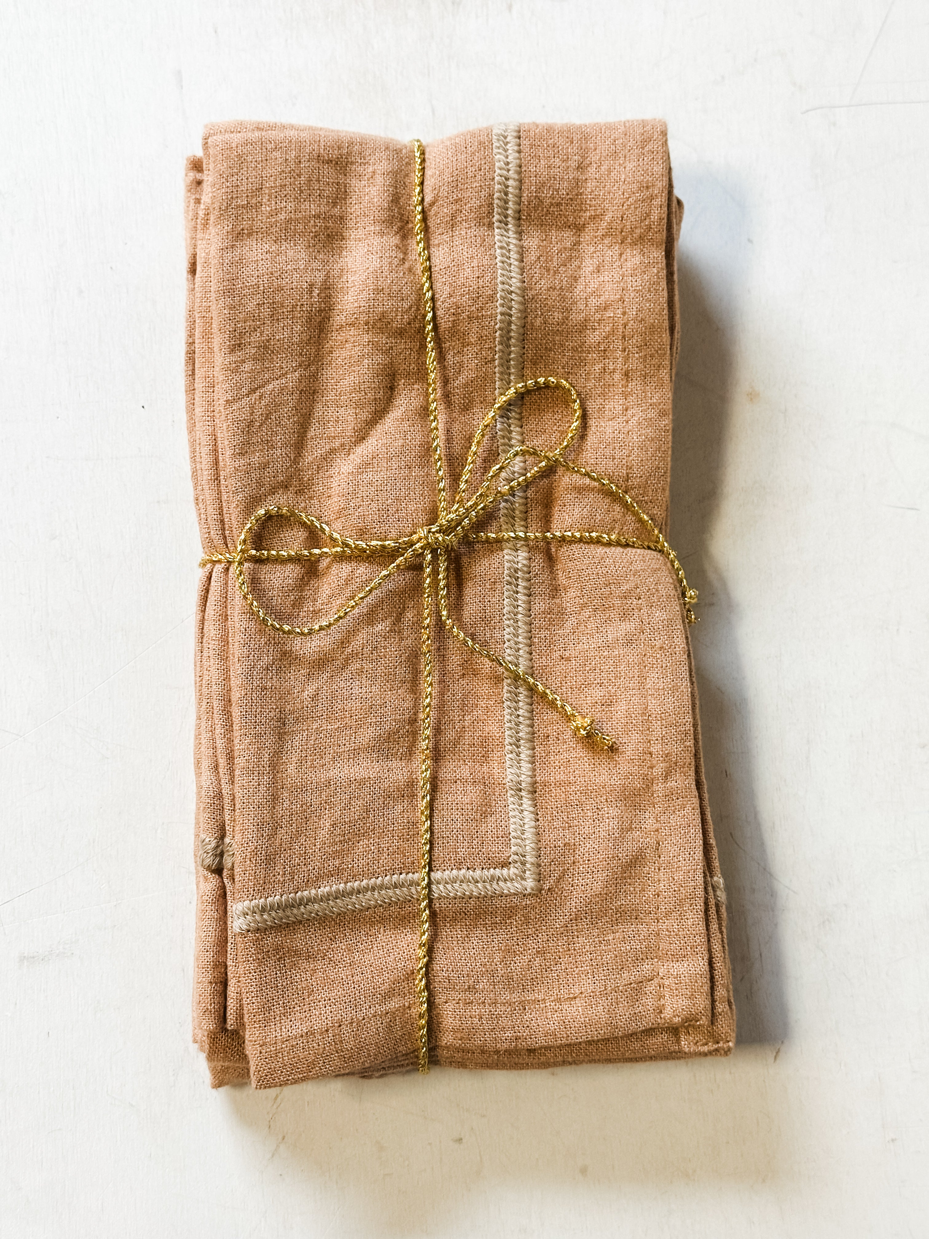 Set of 4 Apricot Embroidered Linen Blend Square Napkins at the Rustic Barn in Killingworth, CT