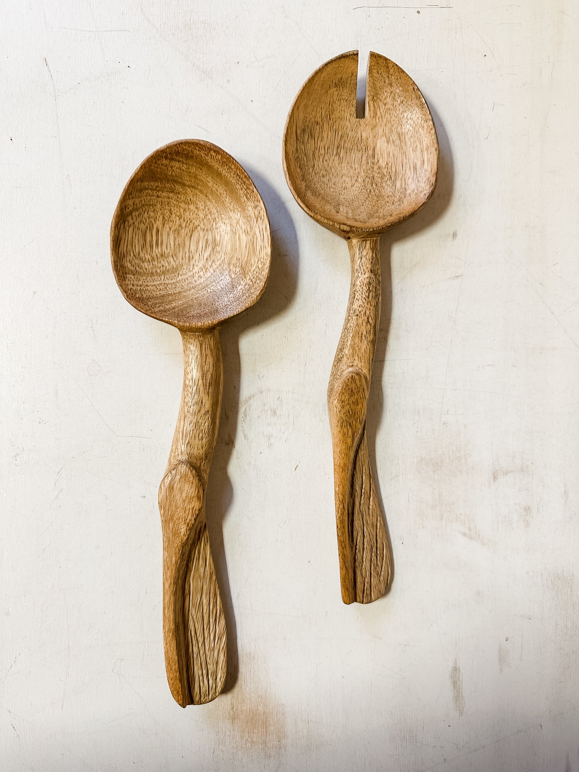 carved mango wood salad servers at The Rustic Barn in Killignworth CT