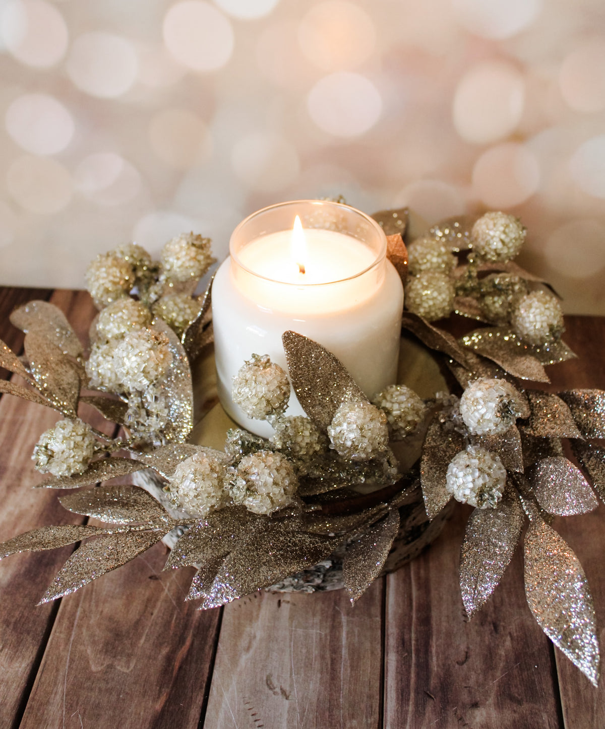 Shimmering gold glittery bay leaf candle ring for christmas home decor for sale at the rustic barn in Killingworth,C CT