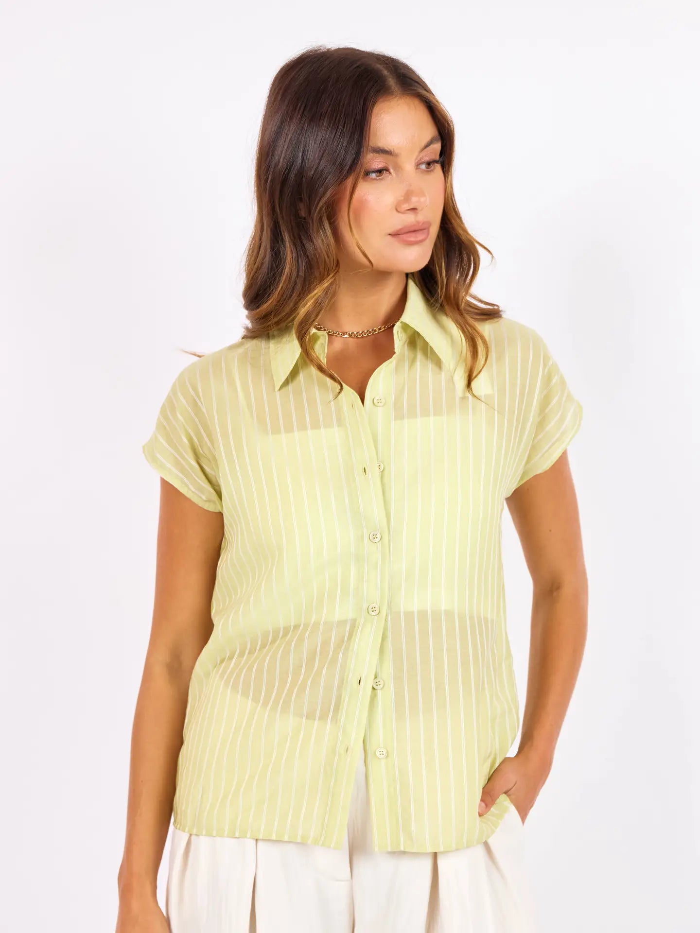 short sleeve lime and ivory button up shirt for women at the rustic barn in Killingworth ct
