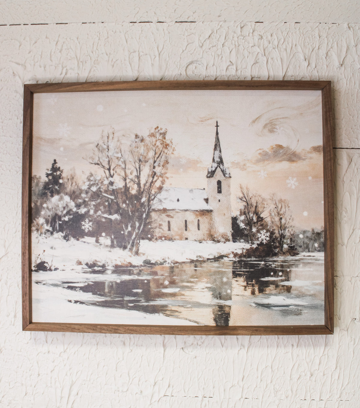 silent night winter scene church ice skating snowy town for sale at the rustic barn in killingworth, CT wall decor art Christmas print