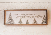 silent snowfall written snowflakes falling and peaceful evenings calling wooden art print in winter white evergreen scene for christmas for sale at the rustic barn in killingworth, CT
