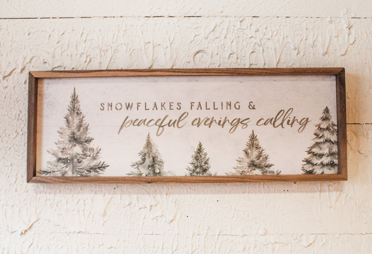 silent snowfall written snowflakes falling and peaceful evenings calling wooden art print in winter white evergreen scene for christmas for sale at the rustic barn in killingworth, CT