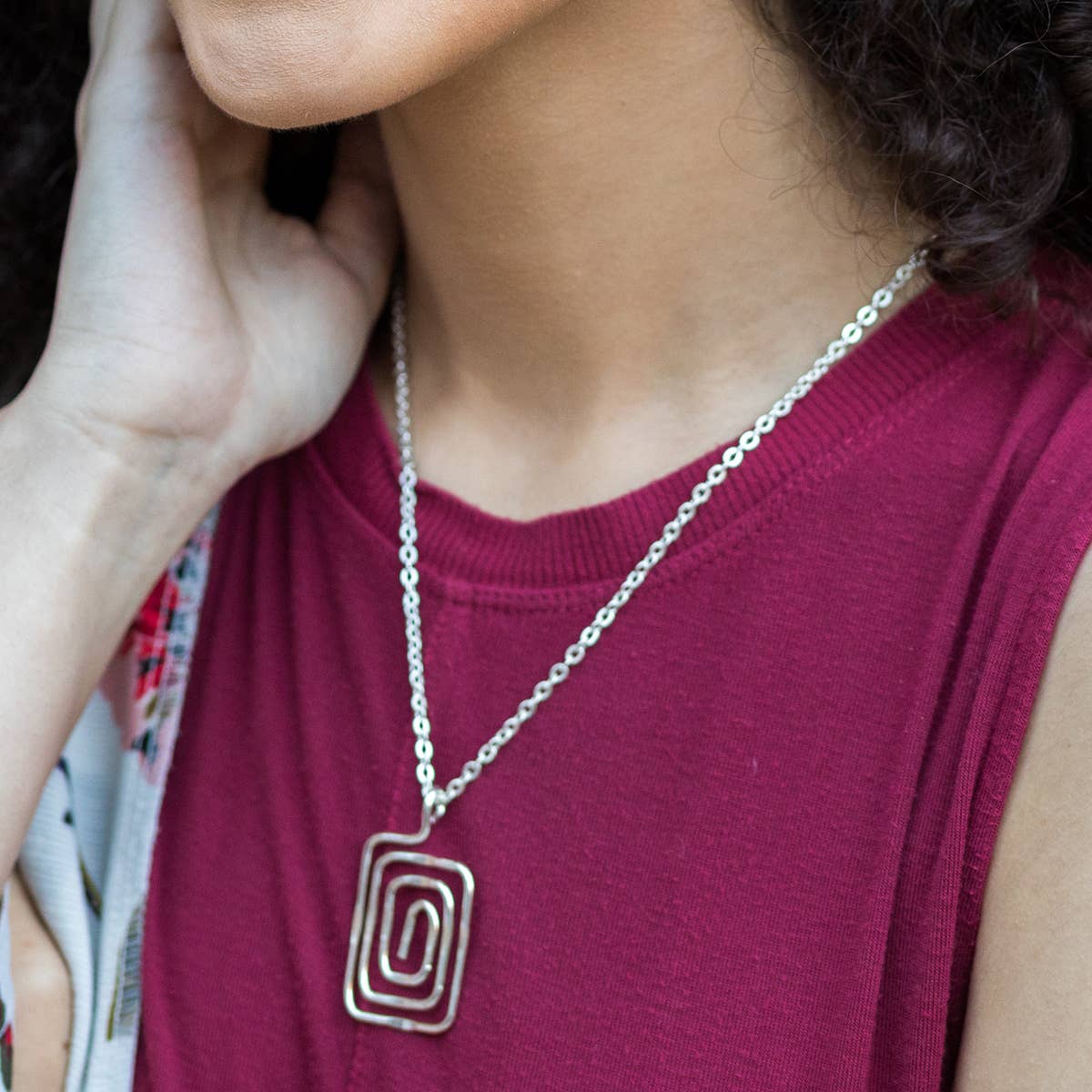 silver plated square spiral necklace at the rustic barn in killingworth ct