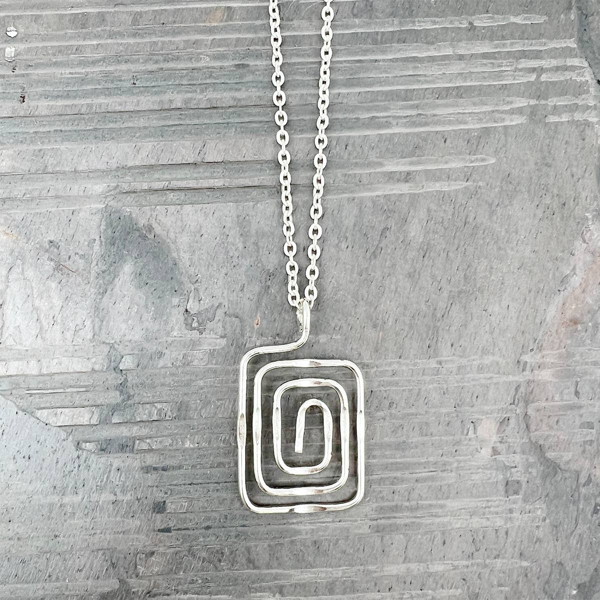 silver plated square spiral necklace at the rustic barn in killingworth ct