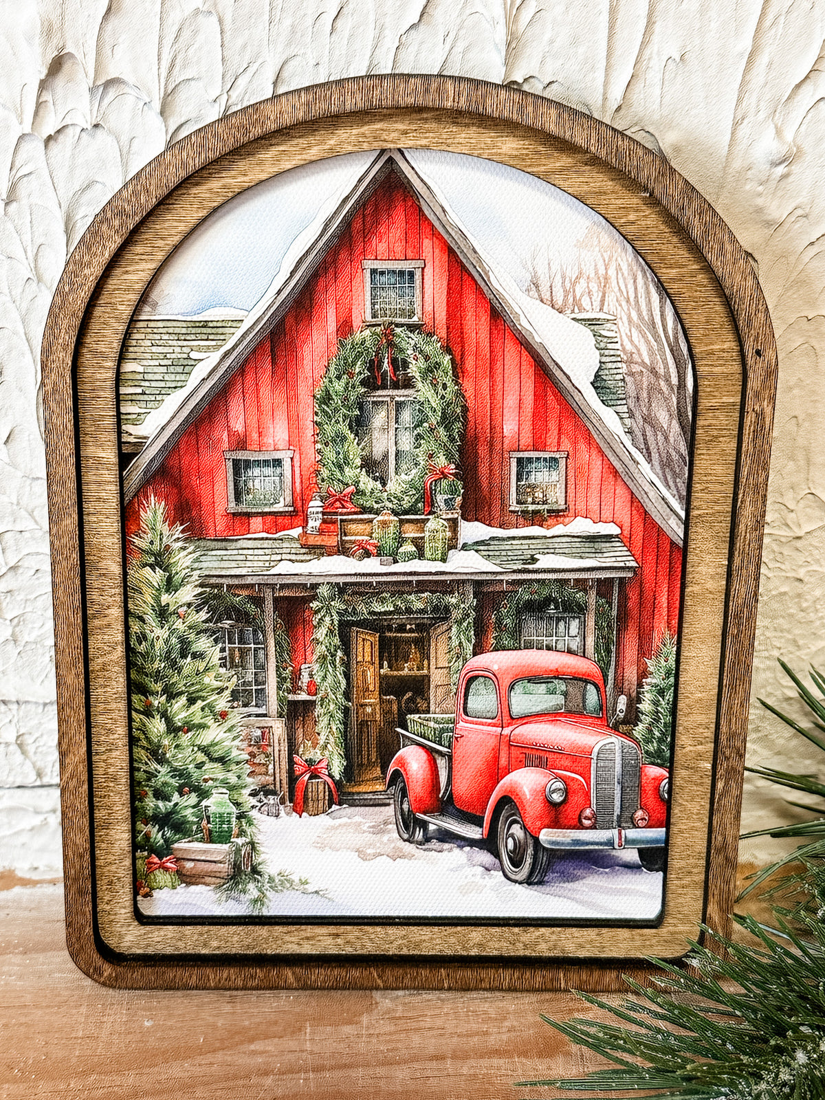 small arched framed red christmas barn print at the rustic barn in killingworth ct
