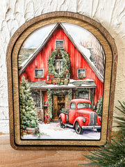 small arched framed red christmas barn print at the rustic barn in killingworth ct