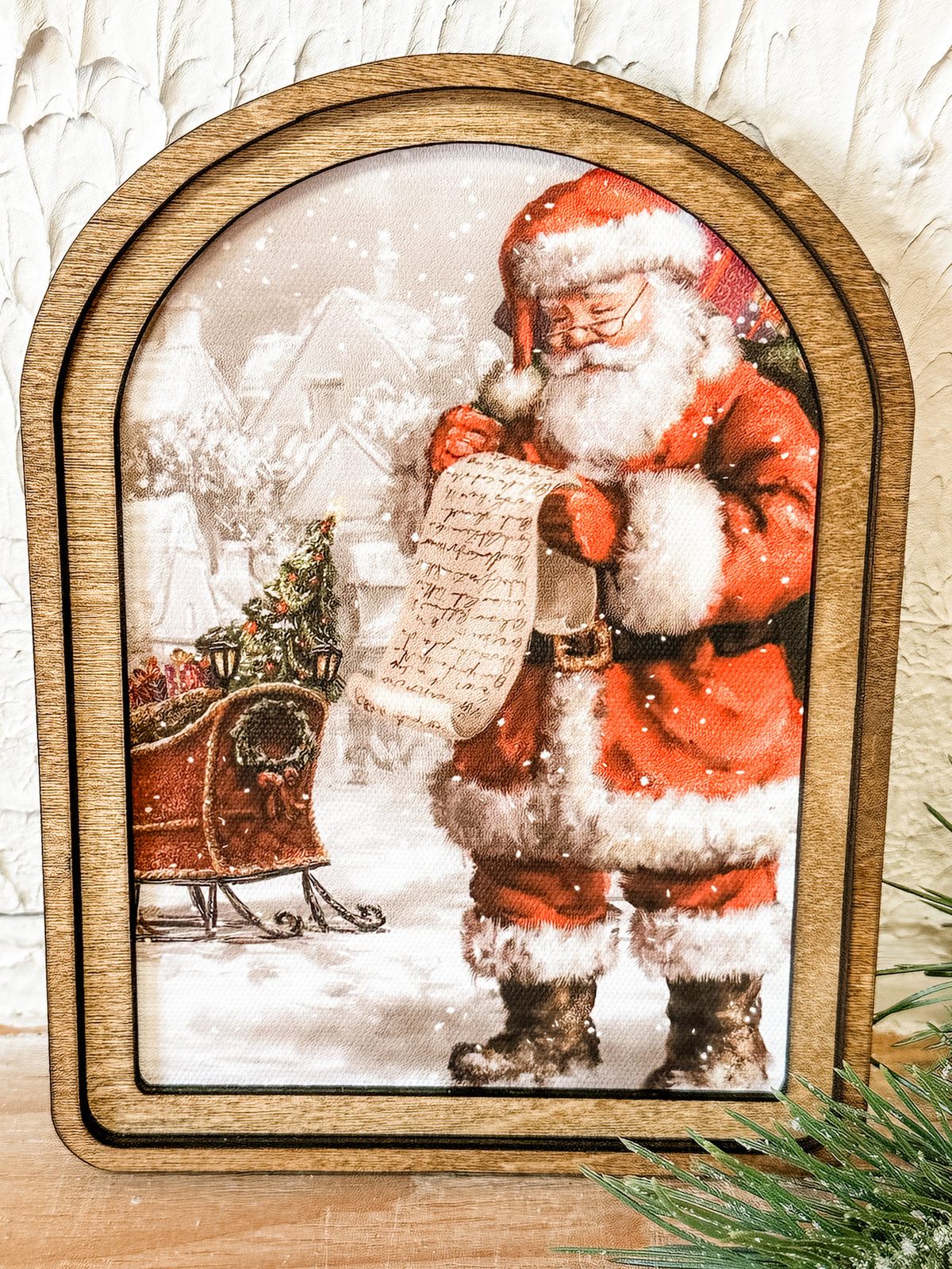 small arched santa with christmas list print at the rustic barn in killingworth ct