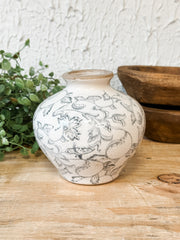 cream and gray floral heirloom shaped vase at the rustic barn in killingworth ct