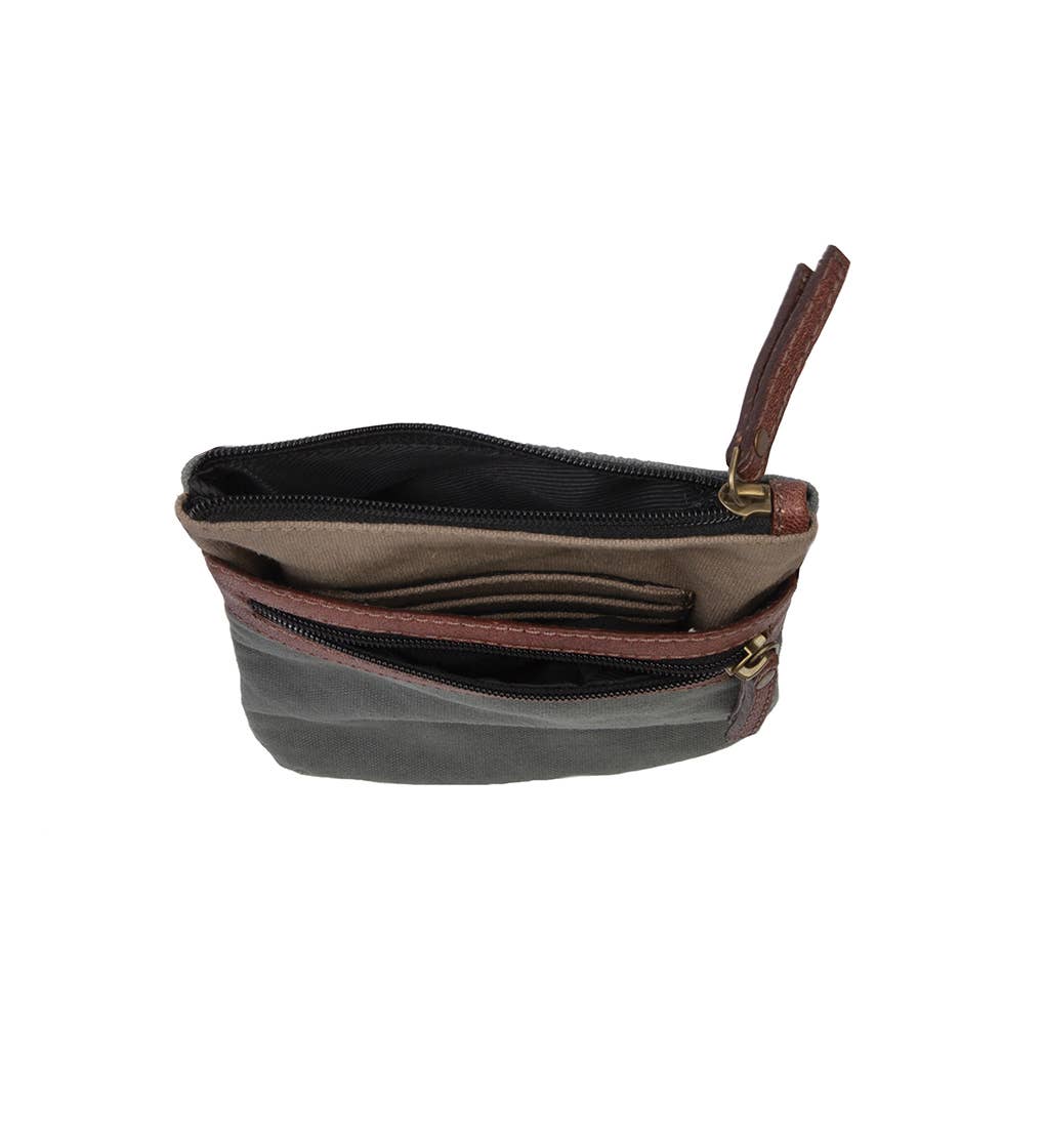 small gray crossbody bag with. brown strap at the rustic barn in Killingworth ct