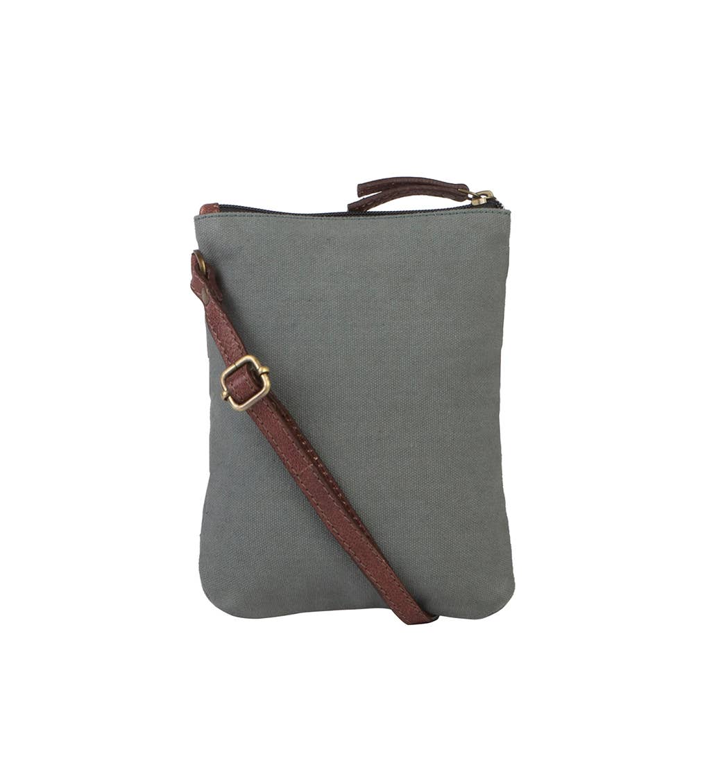 small gray crossbody bag with. brown strap at the rustic barn in Killingworth ct