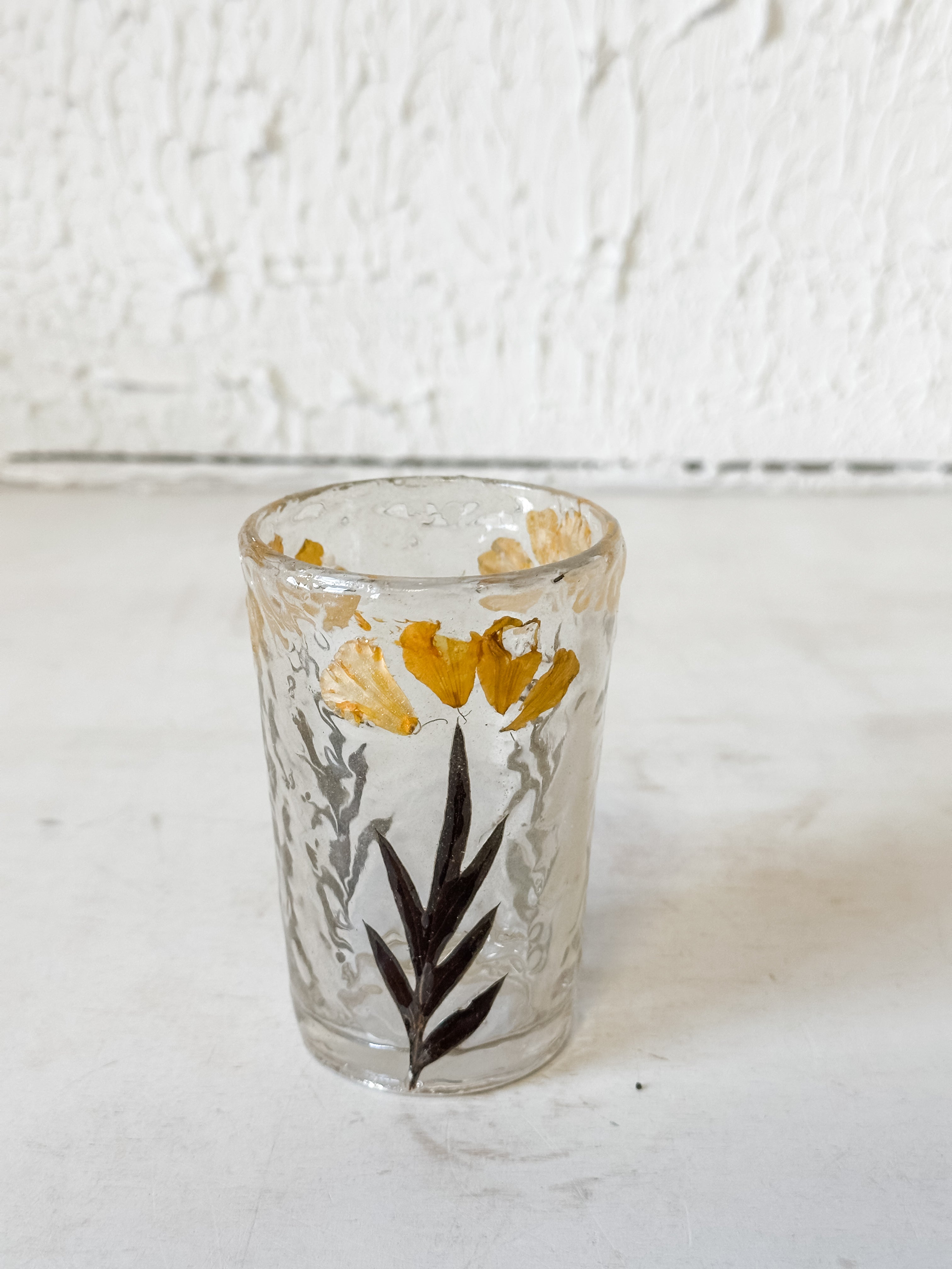 handmade glass votive holder with embedded oak leaves at the Rustic Barn in Killingworth, CT