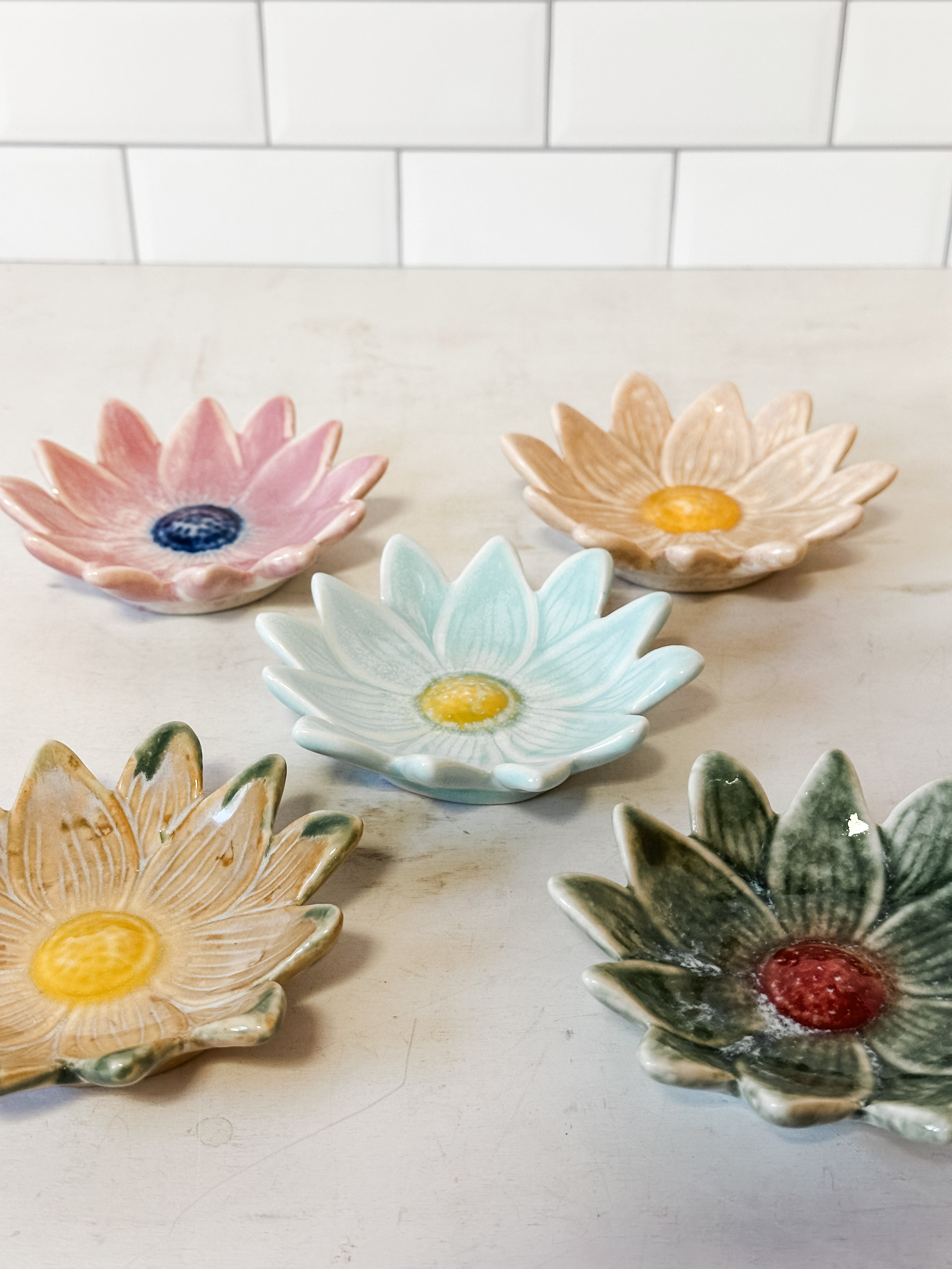 small stoneware flower shaped dishes at The Rustic Barn in Killingworth CT