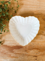 small white ceramic heart shaped trinket dish at the rustic barn in killingworth ct