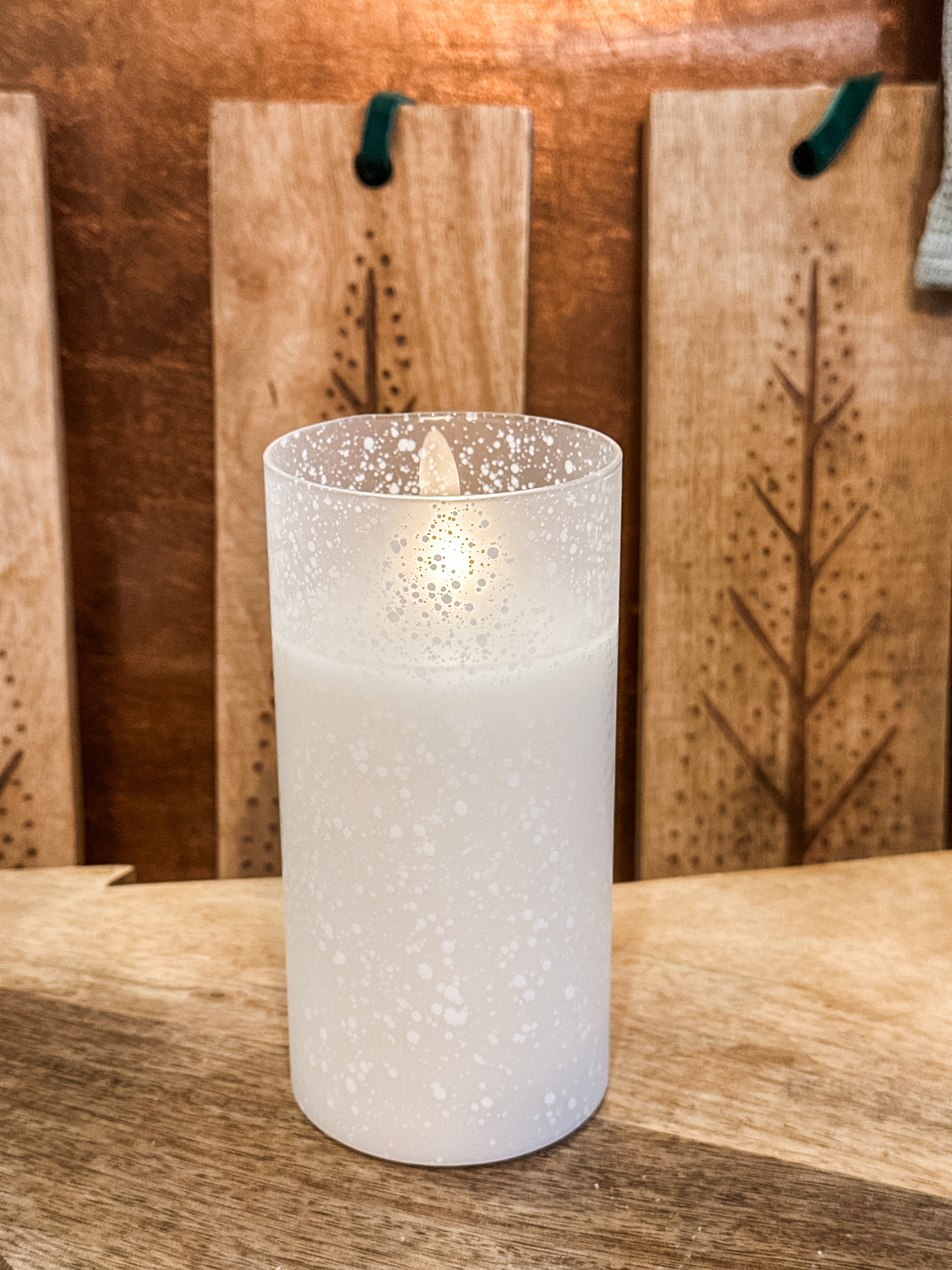 6 inch snowy glass flameless candle at The Rustic Barn in Killingworth CT
