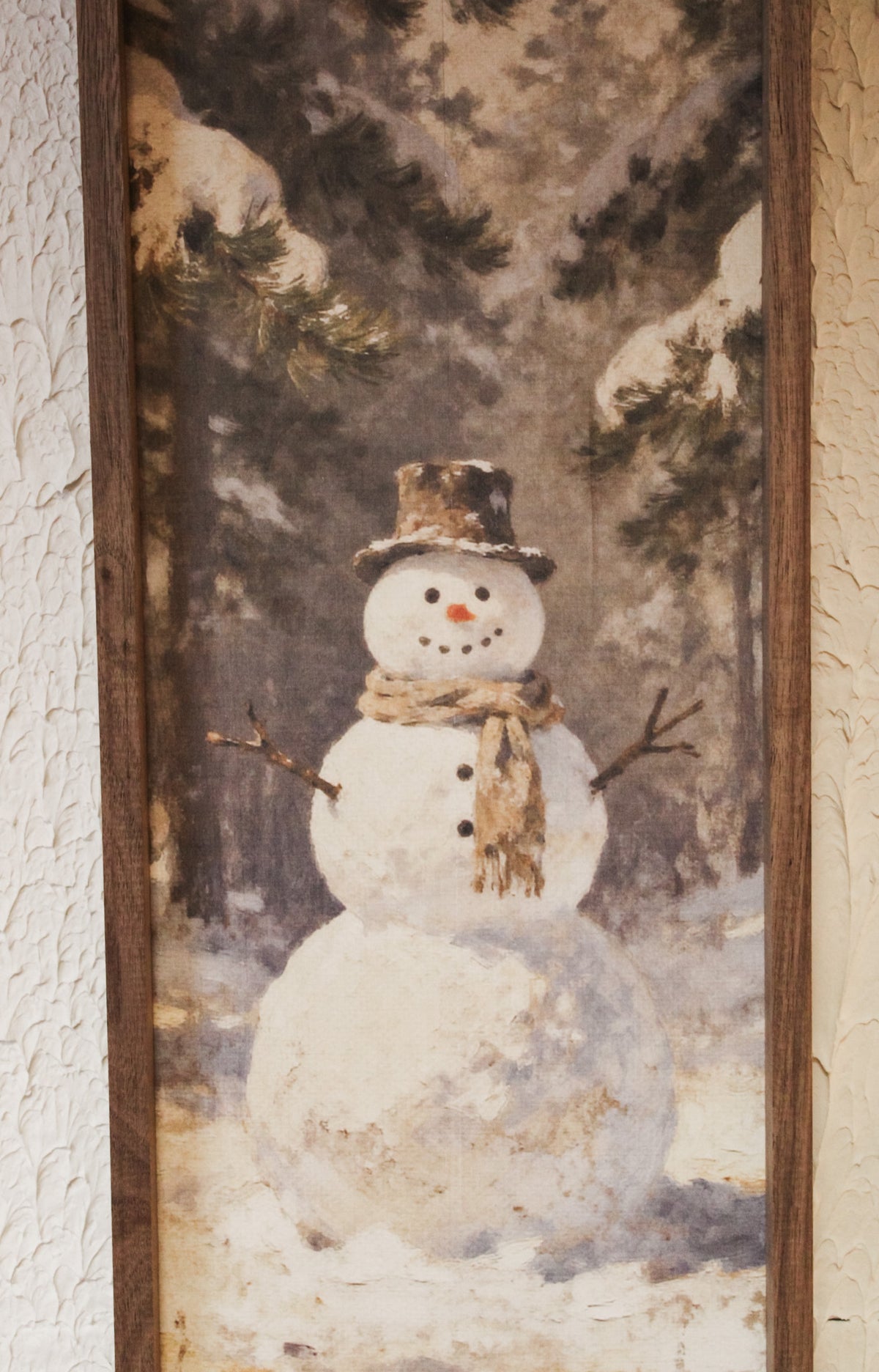 Snowy woods vertical framed christmas print 8x24 inches size snowman in snow wall art for sale at the rustic barn in killingworth, CT