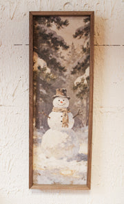 Snowy woods vertical framed christmas print 8x24 inches size snowman in snow wall art for sale at the rustic barn in killingworth, CT