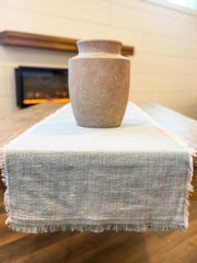 soft blue chambray fringe table runner at The Rustic Barn in Killingworth, CT