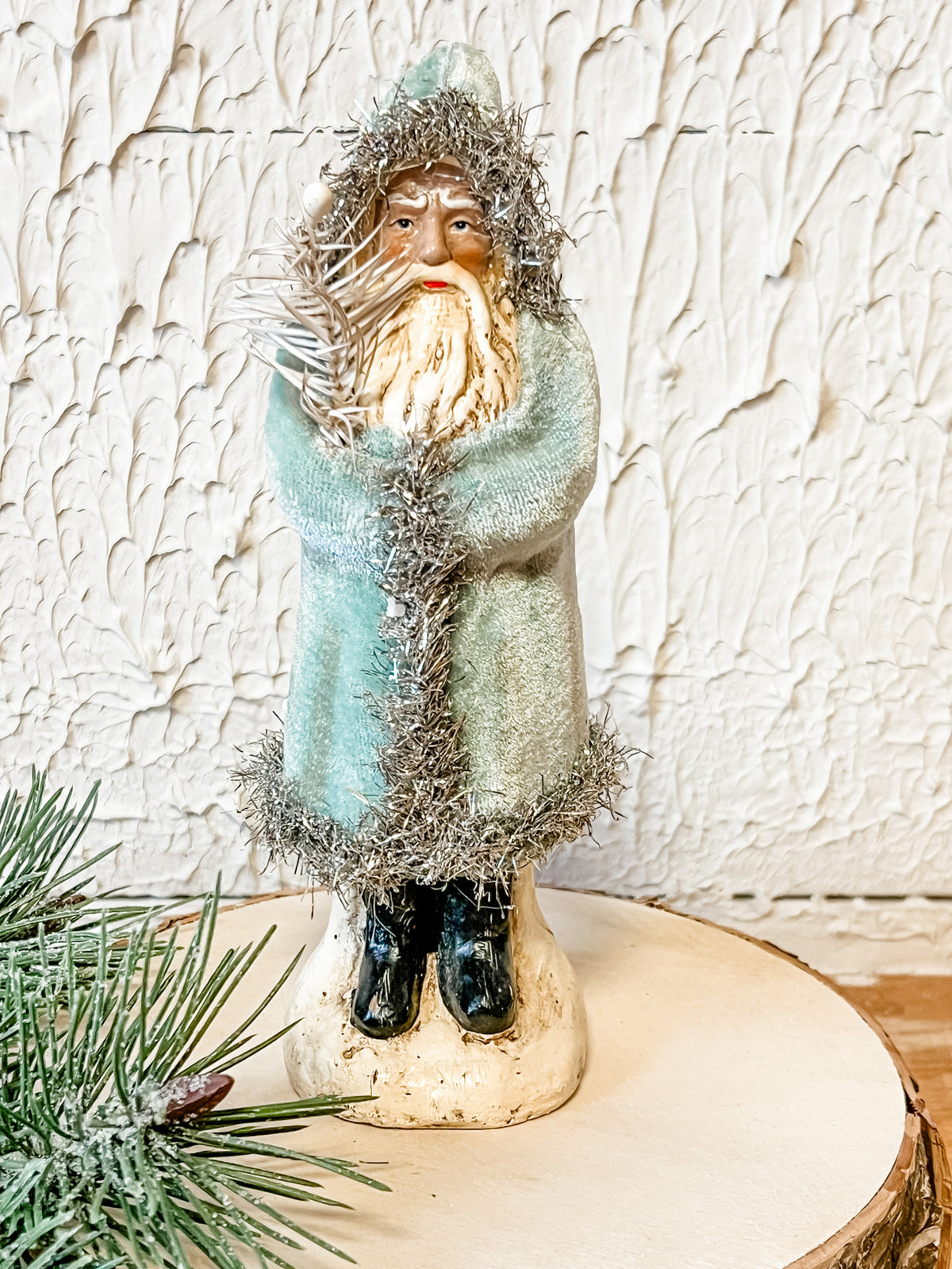 soft blue velvet santa figurine at the rustic barn in killingworth ct