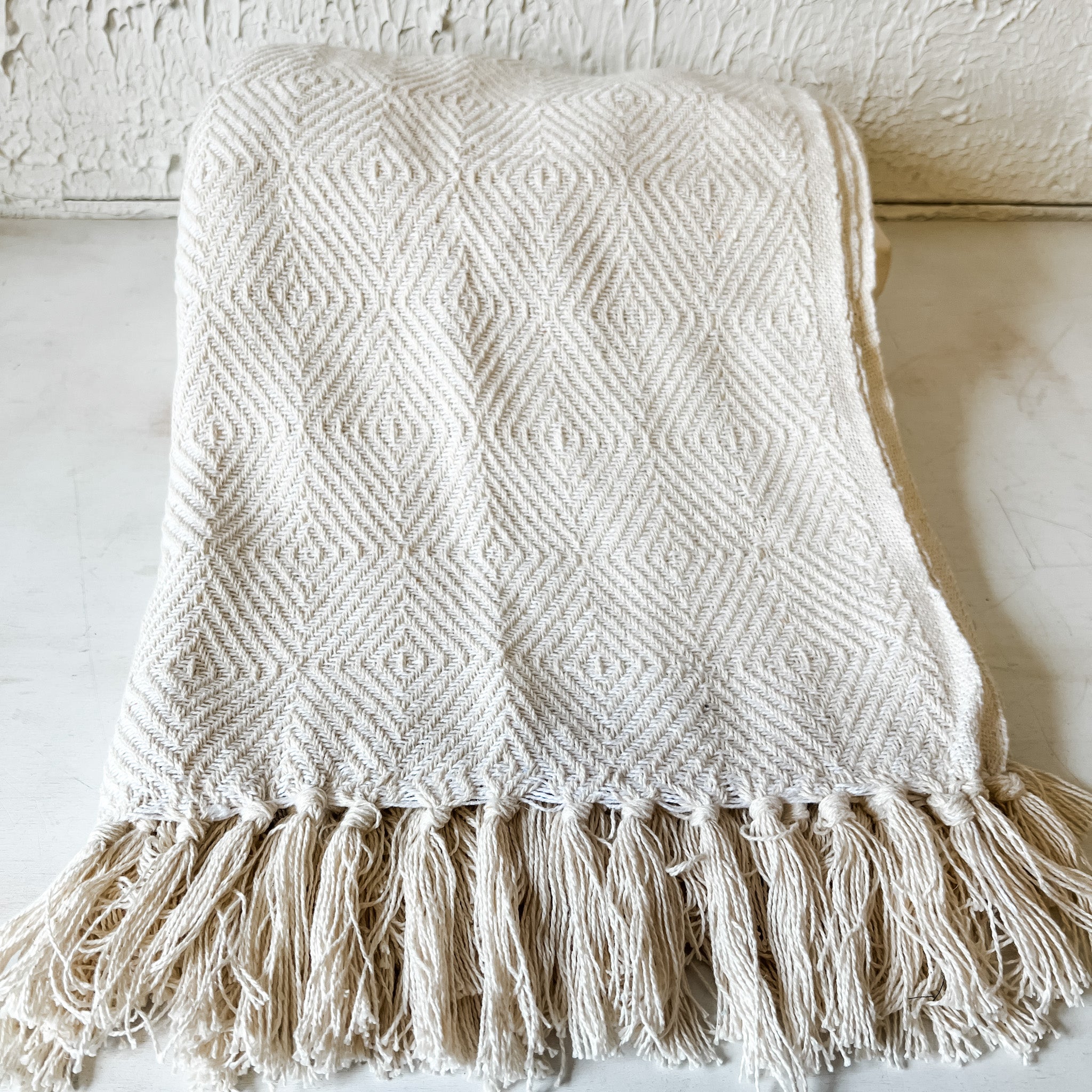 Soft Cotton Diamond Weave Throw, Ivory