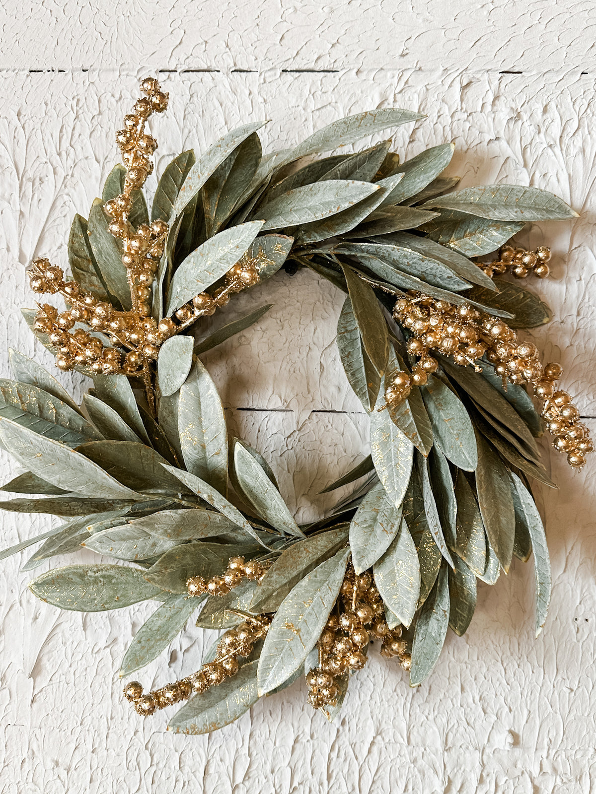 soft Green Bay leaf and gold berry christmas wreath or candle ring for sale at the rustic barn in killingworth, CT