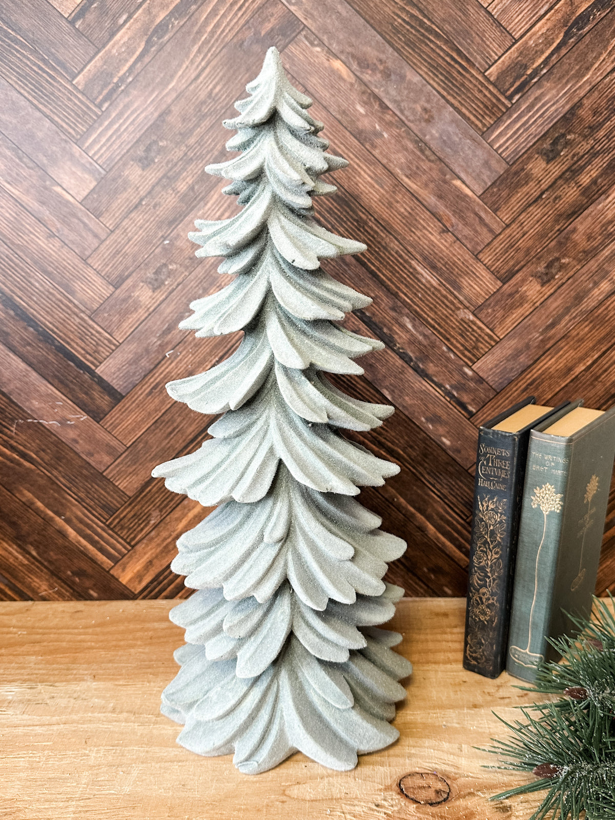 soft green textured layered flocked trees for Christmas decor for sale at the rustic barn in killingworth, CT