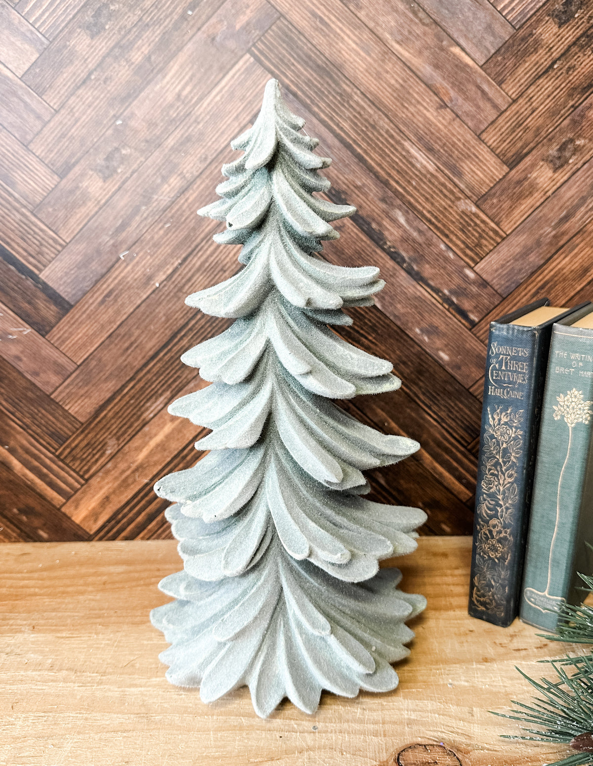 soft green textured layered flocked trees for Christmas decor for sale at the rustic barn in killingworth, CT