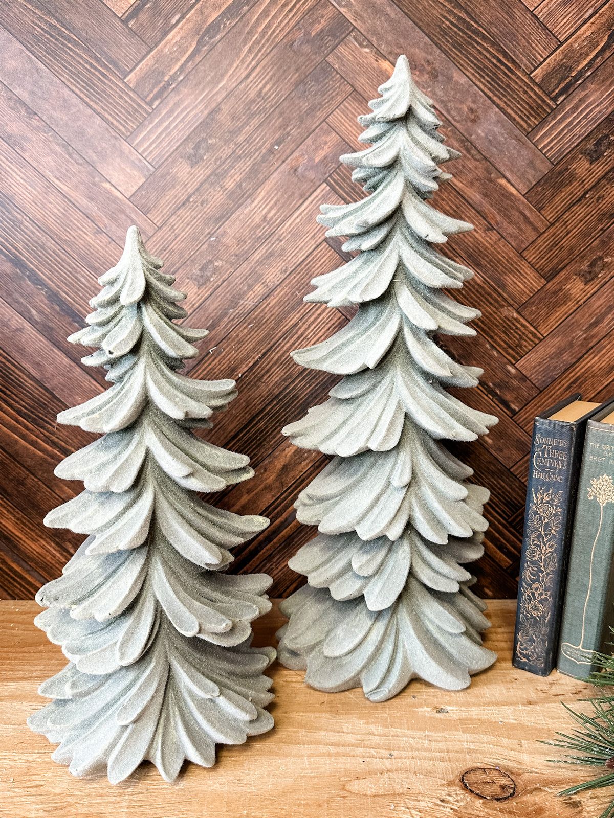 soft green textured layered flocked trees for Christmas decor for sale at the rustic barn in killingworth, CT