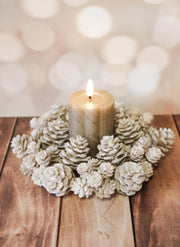 Sparkling ivory pinecone candle ring bright whites sparkly for sale at the rustic barn in Killingworth, CT