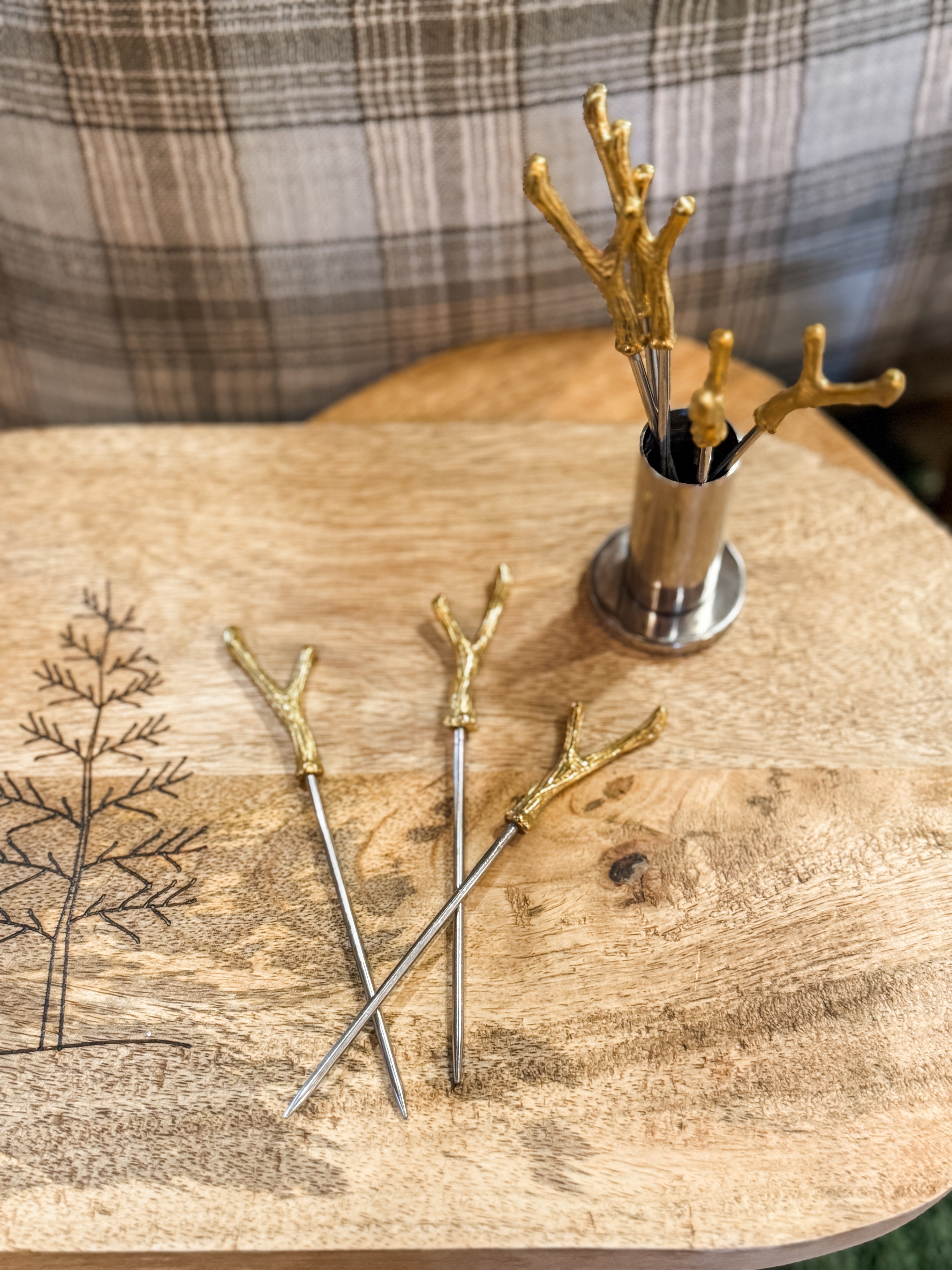 stainless steel holder and eight appetizer picks with brass antler handles at The Rustic Barn in Killingworth CT
