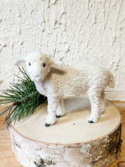 standing faux fur sheep figurine for christmas at the rustic barn in killingworth, CT