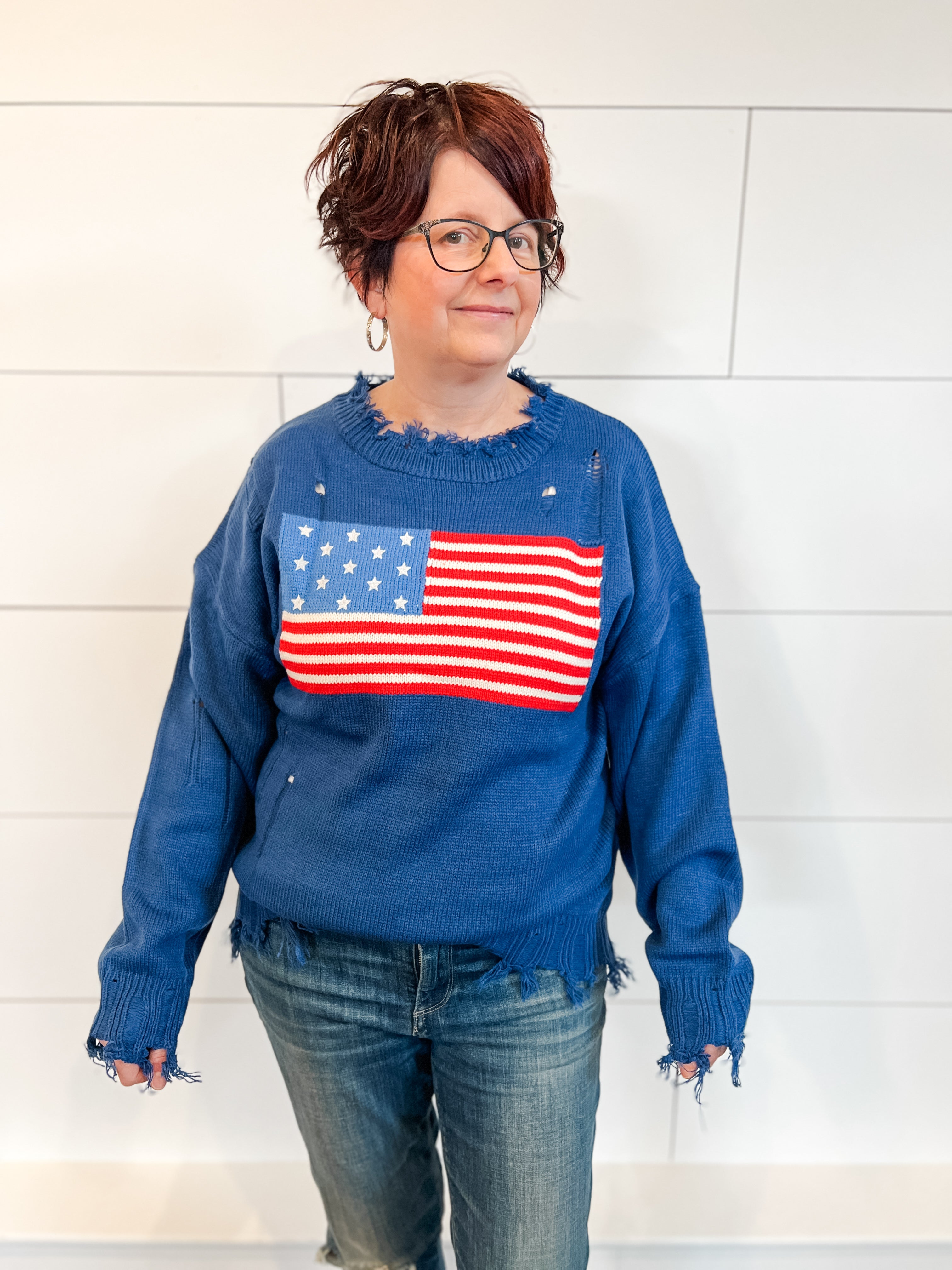 statement American flag Jacquard knit sweater at The Rustic Barn in Killingworth, CT